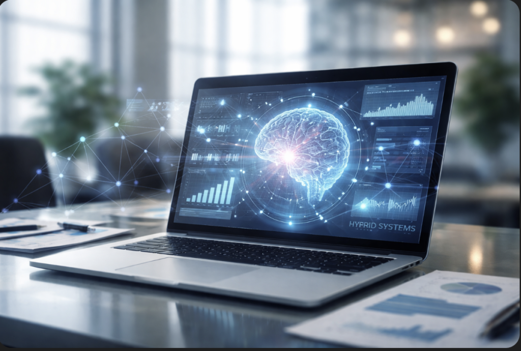 Abstract visualization of interconnected human and artificial intelligence systems forming a balanced network