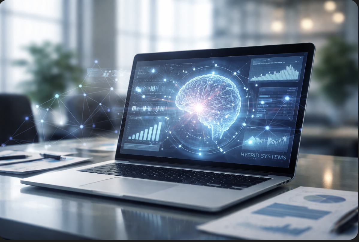 Abstract visualization of interconnected human and artificial intelligence systems forming a balanced network